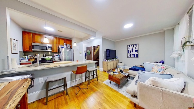125 Washington Ave, New York City, NY 11205 - living room with crown molding, light wood-style flooring, and recessed lighting