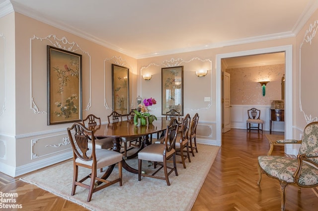 425 E 58th St Unit 22G, New York City, NY 10022 - dining area featuring crown molding, a wainscoted wall, and a decorative wall