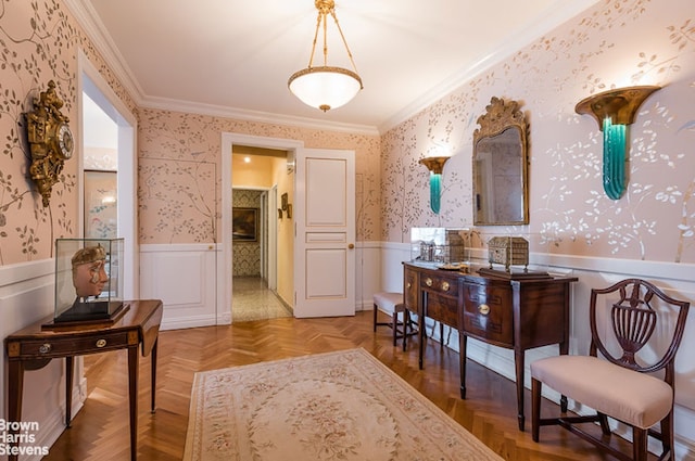 425 E 58th St Unit 22G, New York City, NY 10022 - interior space with crown molding, wainscoting, and wallpapered walls