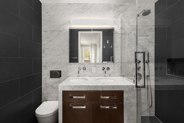 140 W 10th St Unit 3R, New York City, NY 10014 - full bathroom featuring tile walls, double vanity, and a tile shower