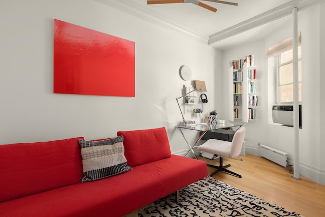 140 W 10th St Unit 3R, New York City, NY 10014 - office space with ornamental molding, wood finished floors, a ceiling fan, and baseboard heating