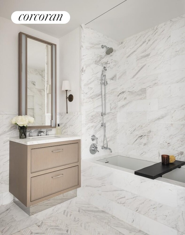 720 W End Ave Unit 5F, New York City, NY 10025 - bathroom featuring vanity, a combined bath / shower with marble appearance, and marble finish flooring
