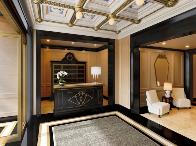 2 Park Pl Unit 41B, New York City, NY 10007 - community lobby featuring a decorative wall, ornamental molding, and coffered ceiling