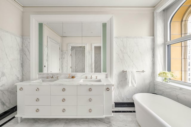 2 Park Pl Unit 41B, New York City, NY 10007 - full bath with marble finish flooring, tile walls, a soaking tub, and double vanity
