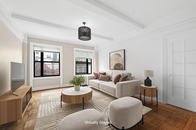 41 W 82nd St Unit 6-A, New York City, NY 10024 - living area with beam ceiling and baseboards