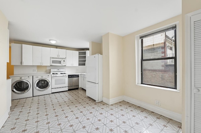 41 W 82nd St Unit 6-A, New York City, NY 10024 - kitchen with white appliances, separate washer and dryer, light floors, light countertops, and open shelves