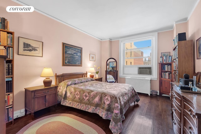 390 Riverside Dr Unit 11E, New York City, NY 10025 - bedroom with radiator, dark wood-style floors, and crown molding