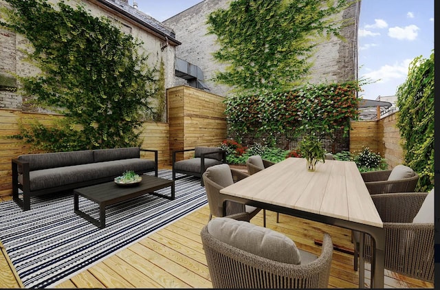 62 Veronica Pl Unit 1-A, New York City, NY 11226 - wooden deck featuring an outdoor living space, a fenced backyard, and outdoor dining area