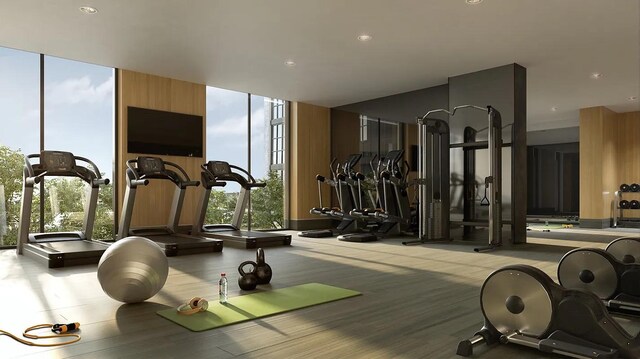 22-18 Jackson Ave Unit 208, New York City, NY 11101 - gym featuring a wall of windows
