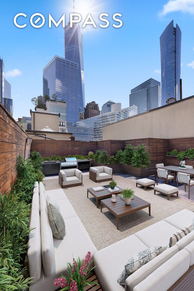 74 Warren St Unit 5W, New York City, NY 10007 - view of patio / terrace featuring an outdoor hangout area, a view of skyline, and area for grilling