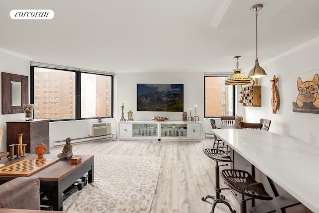 1641 3rd Ave Unit 8K, New York City, NY 10128 - living room with ornamental molding, light wood-style floors, and baseboard heating