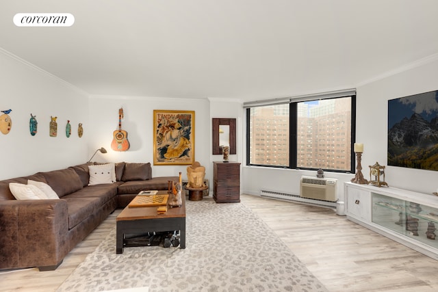 1641 3rd Ave Unit 8K, New York City, NY 10128 - living room with light wood-style floors, crown molding, and a wall mounted AC