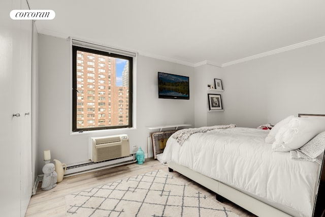 1641 3rd Ave Unit 8K, New York City, NY 10128 - bedroom with wood finished floors, crown molding, a wall mounted air conditioner, and baseboard heating