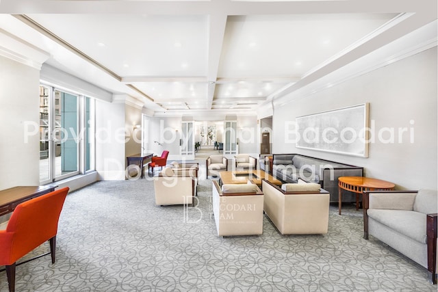 301 W 57th St Unit 16C, New York City, NY 10019 - community lobby featuring beam ceiling, coffered ceiling, recessed lighting, and ornamental molding