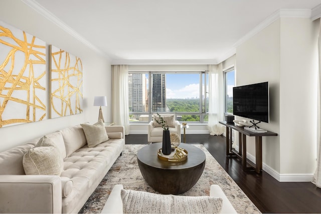 301 W 57th St Unit 16C, New York City, NY 10019 - living area featuring ornamental molding and dark wood-style floors