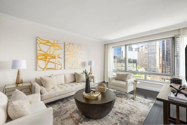 301 W 57th St Unit 16C, New York City, NY 10019 - living area featuring crown molding and dark wood finished floors
