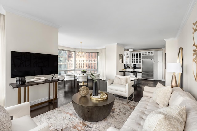 301 W 57th St Unit 16C, New York City, NY 10019 - living area featuring ornamental molding, wood finished floors, and a chandelier