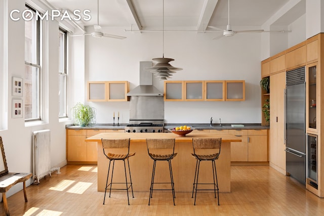 32 W 20th St Unit 9B, New York City, NY 10011 - kitchen featuring radiator, wall chimney exhaust hood, a ceiling fan, stainless steel built in fridge, and light wood-style flooring