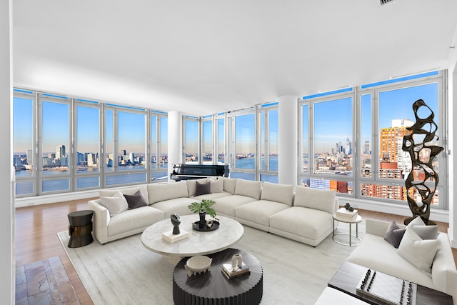 2 River Ter Unit Rh-8, New York City, NY 10282 - living area featuring a view of skyline, wood finished floors, and plenty of natural light