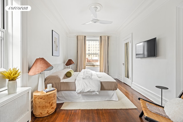 215 W 91st St Unit 76, New York City, NY 10025 - bedroom with wood finished floors, crown molding, and a ceiling fan