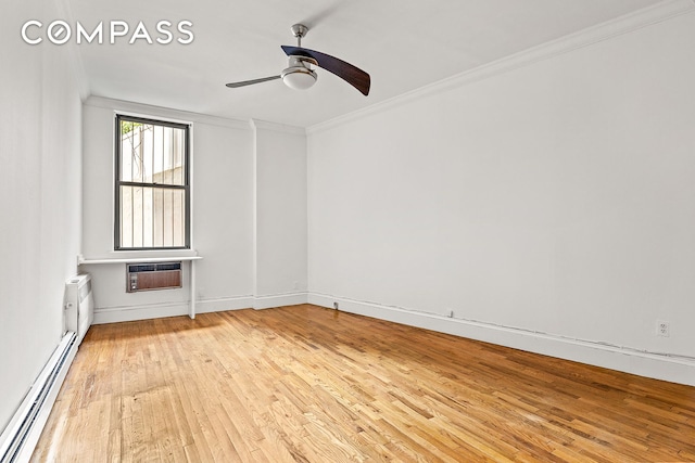 689 Fort Washington Ave Unit 1Aa, New York City, NY 10040 - empty room featuring a baseboard heating unit, light wood-type flooring, a ceiling fan, a wall mounted AC, and ornamental molding