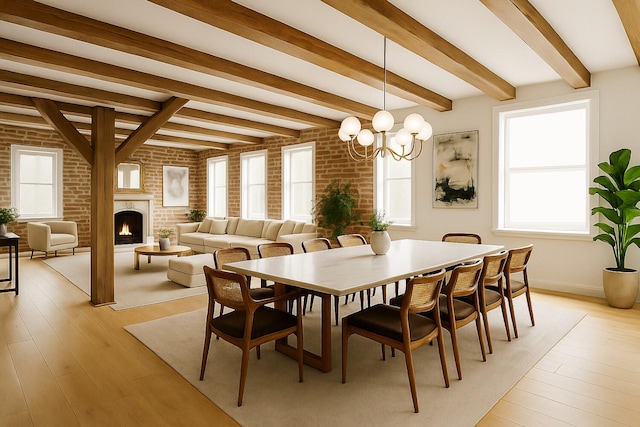 200 Mercer St Unit Ph4C, New York City, NY 10012 - dining space with brick wall, a chandelier, light wood-style flooring, a warm lit fireplace, and beamed ceiling