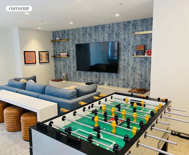 270 Broadway Unit 18C, New York City, NY 10007 - playroom featuring wallpapered walls, recessed lighting, and carpet flooring