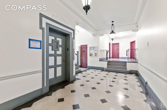 79-15 35th Ave Unit 3E, New York City, NY 11372 - hall with stairs and crown molding