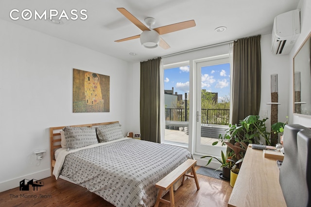 299 Van Buren St Unit 4C, New York City, NY 11221 - bedroom featuring a wall unit AC, access to exterior, wood finished floors, and ceiling fan