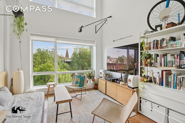 299 Van Buren St Unit 4C, New York City, NY 11221 - living room featuring wood finished floors, plenty of natural light, and a towering ceiling