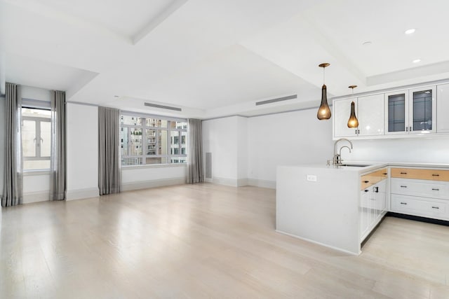 21 E 61st St Unit 9C, New York City, NY 10065 - kitchen featuring a tray ceiling, glass insert cabinets, light wood-style floors, light countertops, and white cabinetry