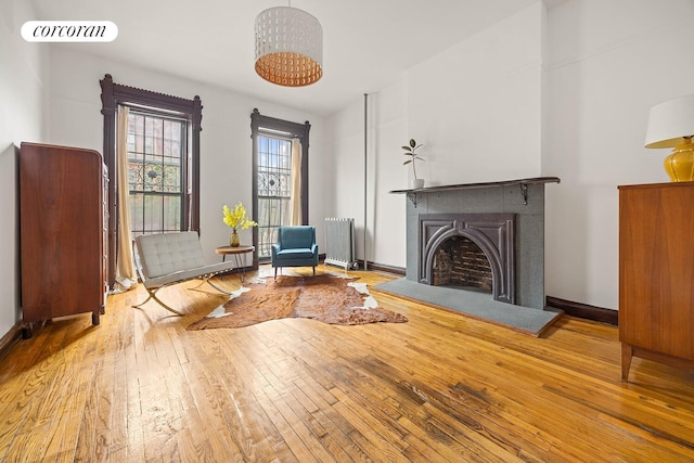 66 Putnam Ave, New York City, NY 11238 - living area featuring radiator heating unit, hardwood / wood-style flooring, and a fireplace with raised hearth
