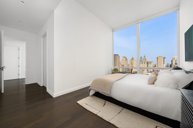 111 Murray St Unit 30A, New York City, NY 10007 - bedroom featuring a skyline view, wood finished floors, and a wall of windows