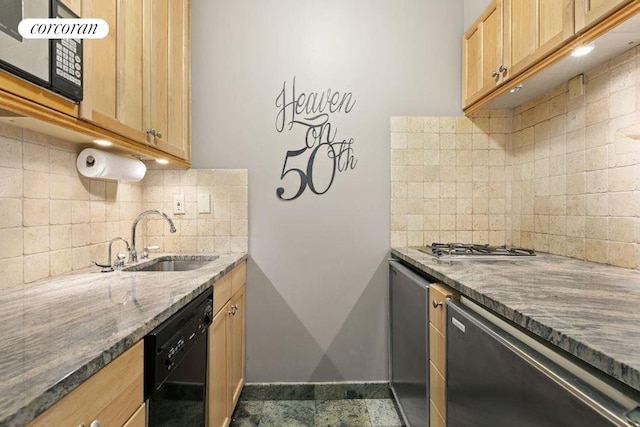 350 W 50th St Unit 6K, New York City, NY 10019 - kitchen with black dishwasher, dishwashing machine, decorative backsplash, and dark stone countertops