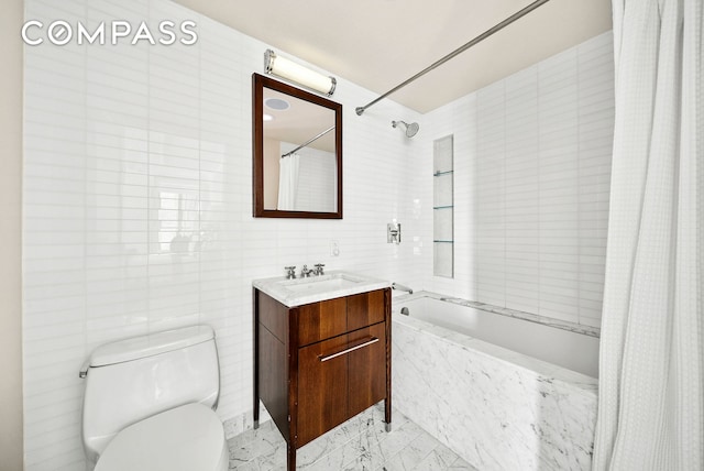 140 E 63rd St Unit 9E, New York City, NY 10065 - bathroom featuring vanity, a combined bath / shower with marble appearance, and tile walls