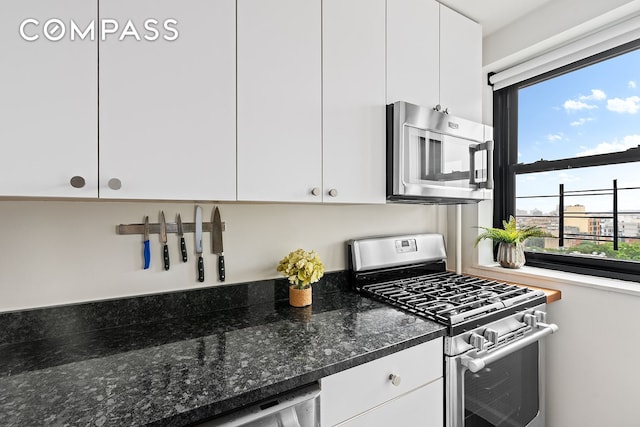 193 Clinton Ave Unit 9D, New York City, NY 11205 - kitchen with stainless steel appliances, white cabinets, and dark stone countertops