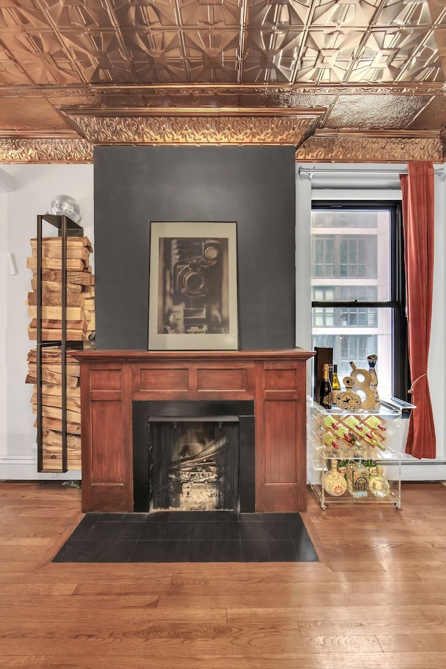 255 W 95th St Unit 4D, New York City, NY 10025 - detailed view of an ornate ceiling, a fireplace with flush hearth, and wood finished floors