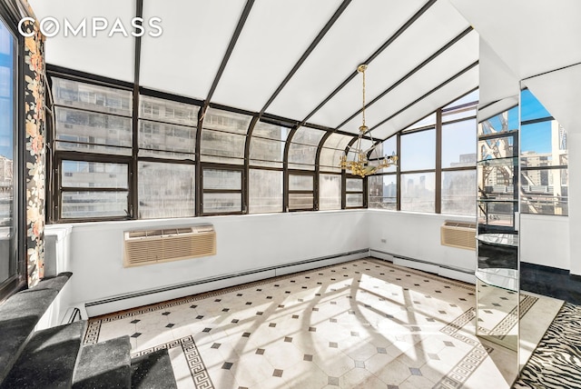 40 Sutton Pl Unit 10M, New York City, NY 10022 - unfurnished sunroom with a city view, a chandelier, vaulted ceiling, and an AC wall unit