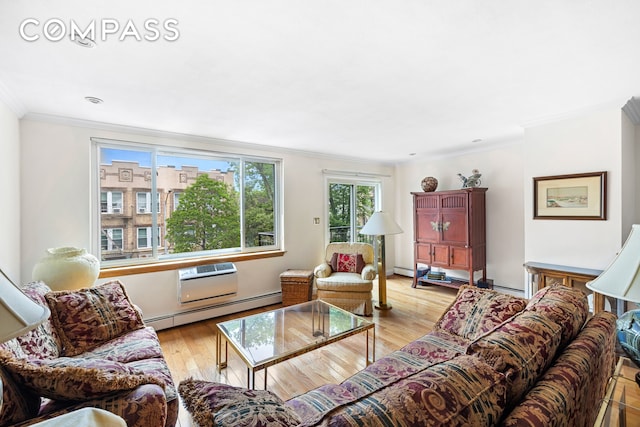436 78th St Unit 5, New York City, NY 11209 - living area with baseboard heating, crown molding, and light wood-style floors