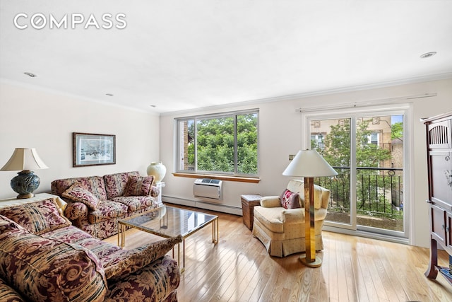 436 78th St Unit 5, New York City, NY 11209 - living area with healthy amount of natural light, ornamental molding, a baseboard heating unit, light wood-style flooring, and a wall mounted air conditioner