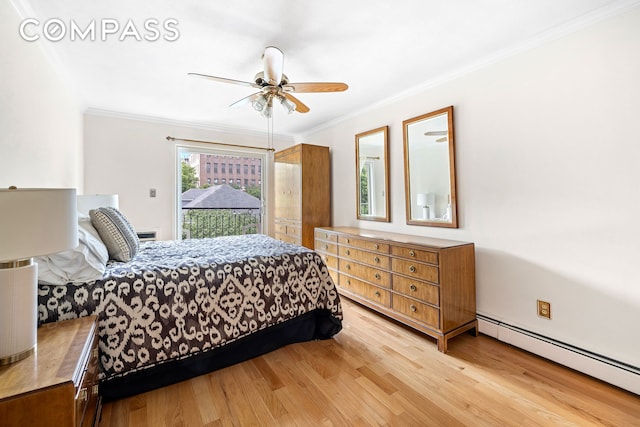 436 78th St Unit 5, New York City, NY 11209 - bedroom featuring a baseboard radiator, access to exterior, light wood-type flooring, ornamental molding, and a ceiling fan