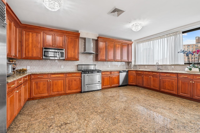 99-31 66th Ave Unit 7-B, New York City, NY 11374 - kitchen with appliances with stainless steel finishes, wall chimney range hood, granite floors, and backsplash