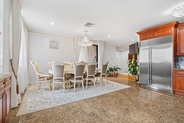 99-31 66th Ave Unit 7-B, New York City, NY 11374 - dining room featuring a chandelier, recessed lighting, granite tiled floors, and ornamental molding