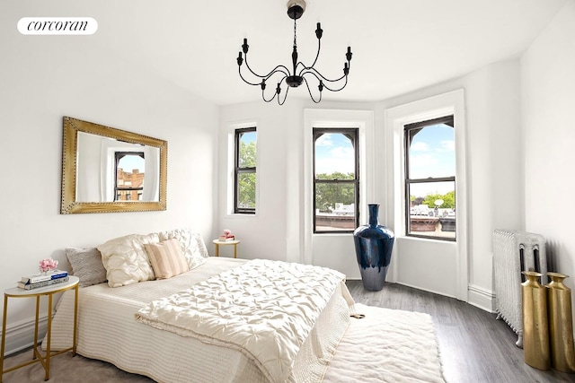 454 15th St Unit 4L, New York City, NY 11215 - bedroom with radiator heating unit, wood finished floors, and a chandelier