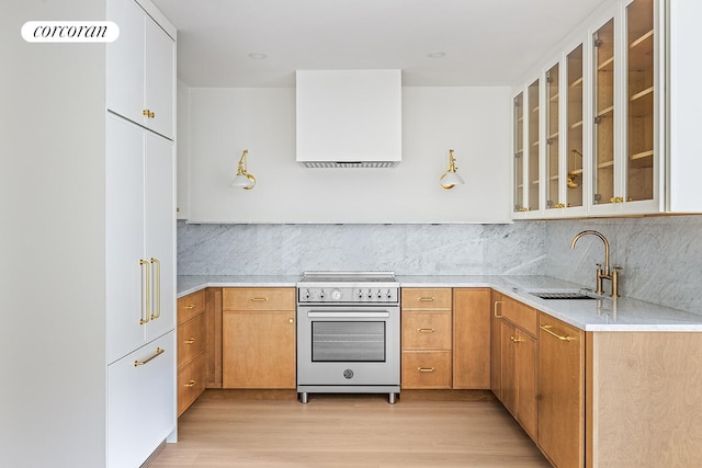 722 President St Unit 2, New York City, NY 11215 - kitchen featuring high end stainless steel range oven, light countertops, range hood, light wood-style flooring, and glass insert cabinets