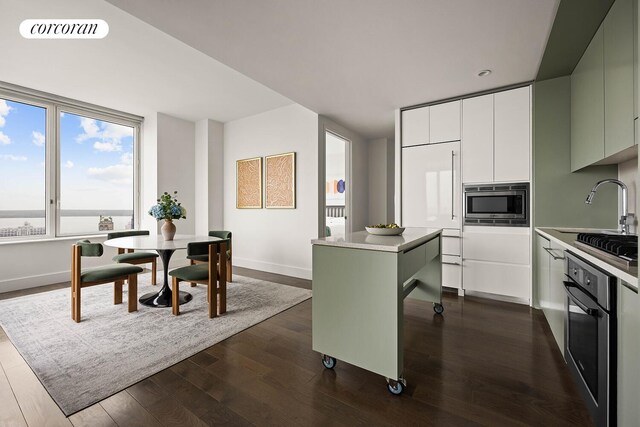 388 Bridge St Unit 35Ab, New York City, NY 11201 - kitchen featuring built in appliances, dark wood-style flooring, modern cabinets, and white cabinets