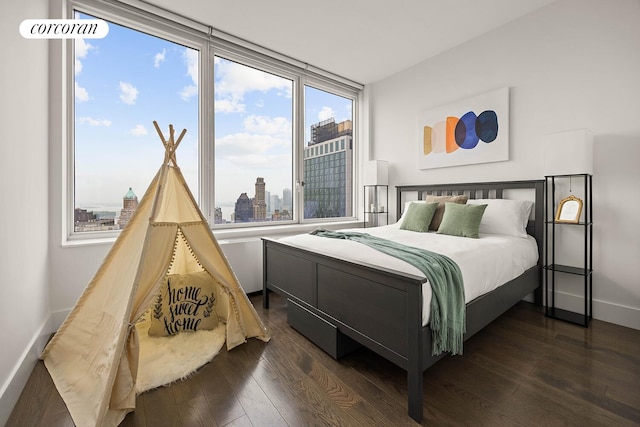 388 Bridge St Unit 35Ab, New York City, NY 11201 - bedroom featuring dark wood-type flooring and a view of skyline