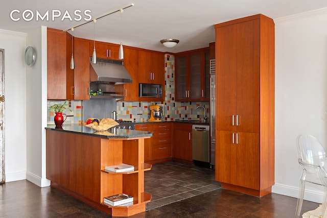 360 W 22nd St Unit 15C, New York City, NY 10011 - kitchen with under cabinet range hood, dishwasher, a peninsula, decorative backsplash, and dark countertops