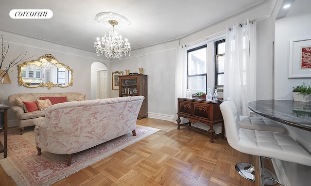 333 E 80th St Unit 3G, New York City, NY 10075 - living room with arched walkways and a chandelier
