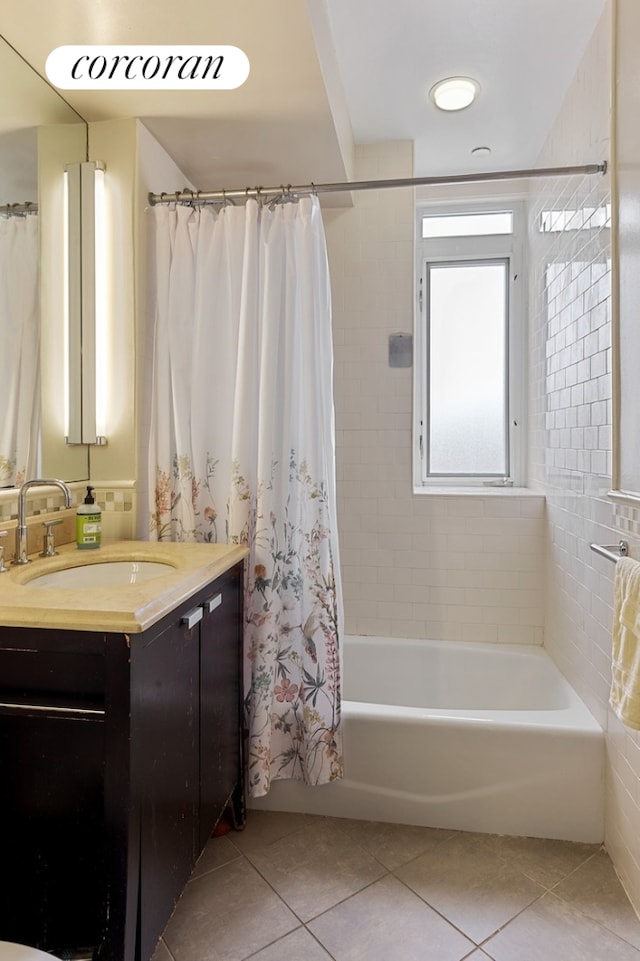106 W 116th St Unit 10A, New York City, NY 10026 - full bathroom with tile patterned flooring, vanity, and shower / bathtub combination with curtain